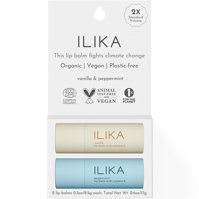 Baume à lèvres ILIKA Bio, Vegan, Sans plastique, 100 % végétal, Volume 2X, Certifié Bio COSMOS, Certifié Vegan PETA et Sans cruauté, Lot de 2, Vanille et Menthe poivrée 