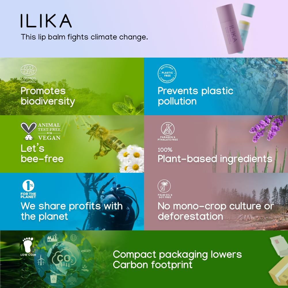 ILIKA Lip balm, Organic, 100% Plant-based, Natural Lip Treatment, COSMOS Certified Organic, PETA Certified Vegan &amp; Cruelty-Free 2 Pack, Ginger Lemon &amp; Almond Cardamom Rose